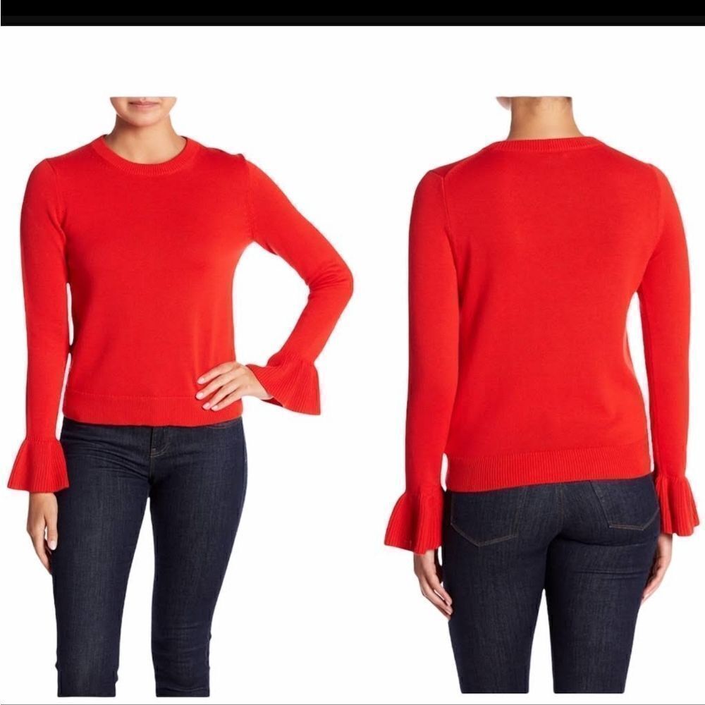 J. Crew red soft knit cotton sweater with fluted sleeves